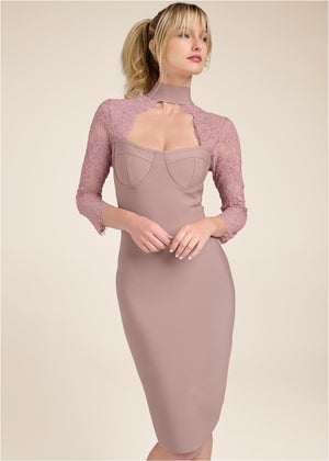 Lace Sleeve Bandage Dress  - Tan - thumbnail-6