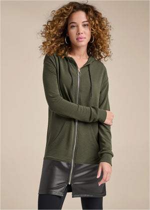 Faux-Leather Tunic Jacket - Olive & Black - thumbnail-1