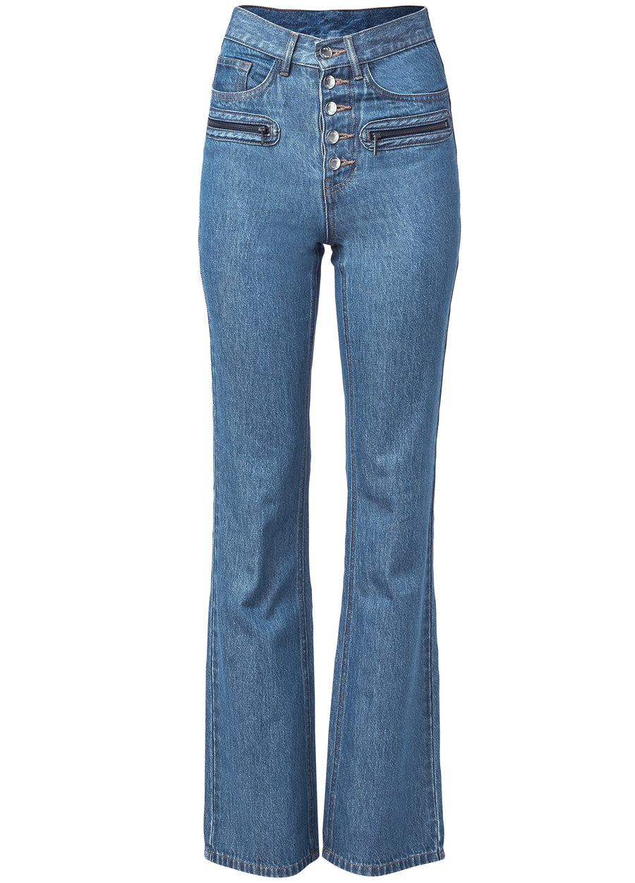 Button Fly Relaxed Leg Jeans - Medium Wash