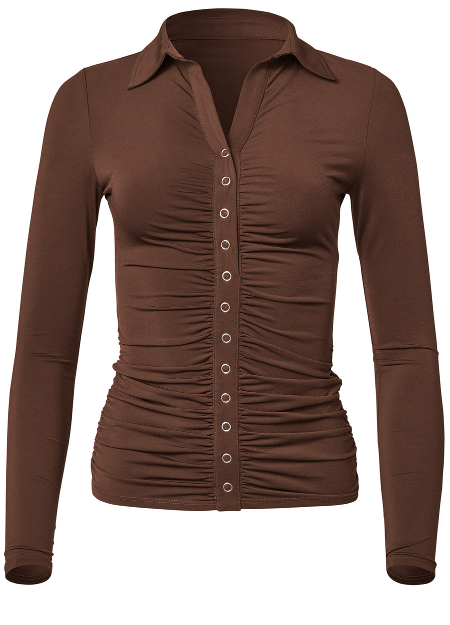 Snap Front Collared Top - Brown