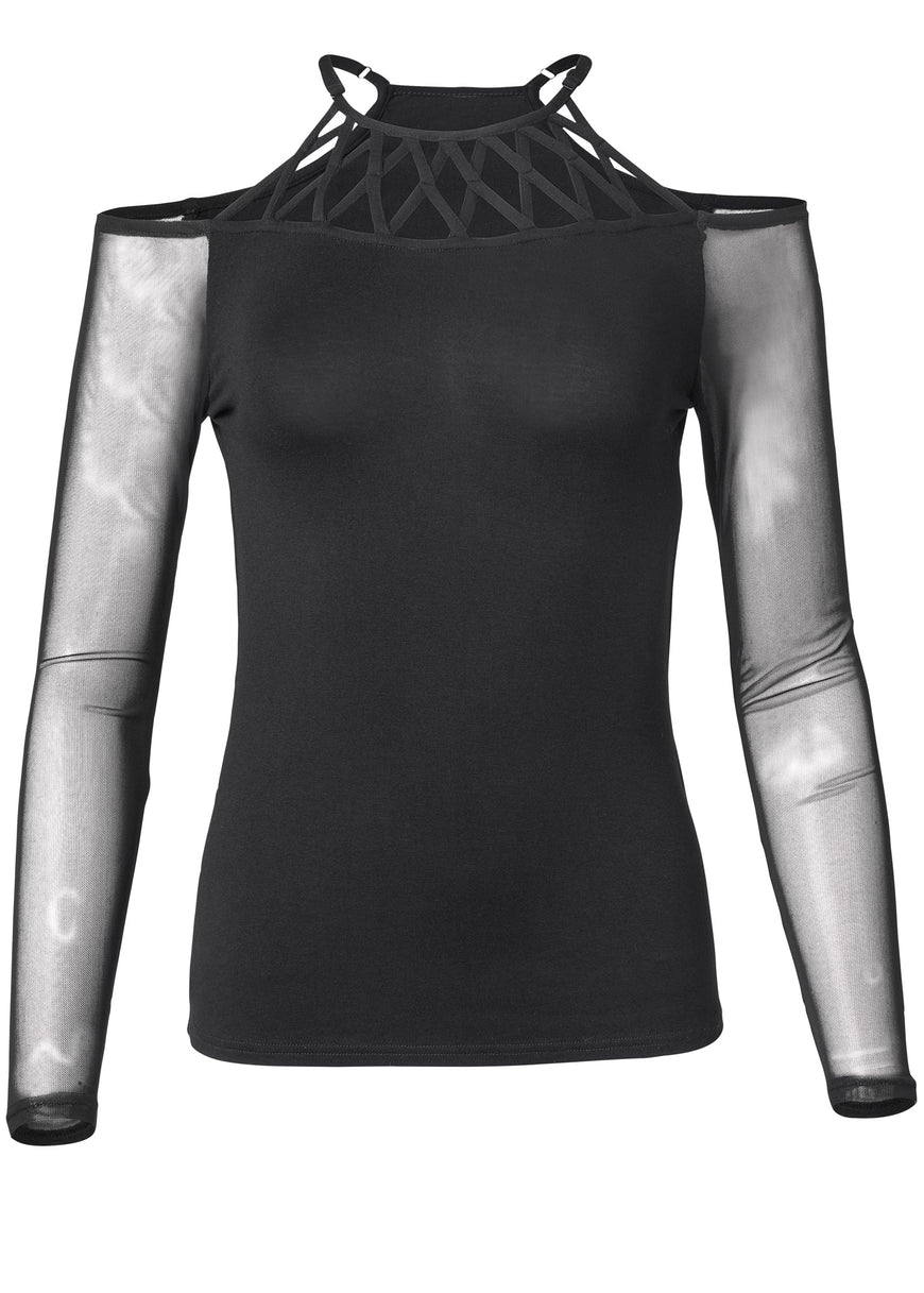 Strappy Neck Mesh Top - Black