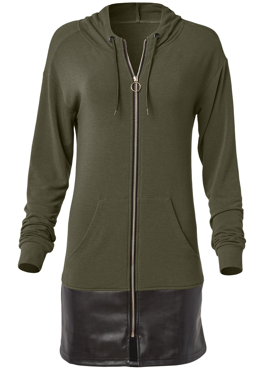 Faux-Leather Tunic Jacket - Olive & Black