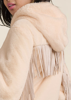 Faux Fur Bomber Jacket With Fringe Detail - White - thumbnail-5