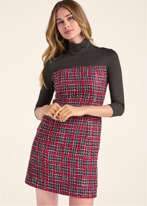 Mock-Neck Plaid Tweed Dress - Red & Black - thumbnail-1