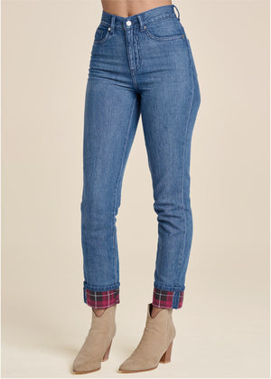 Plaid Cuff Straight Jeans - Denim Multi - thumbnail-2