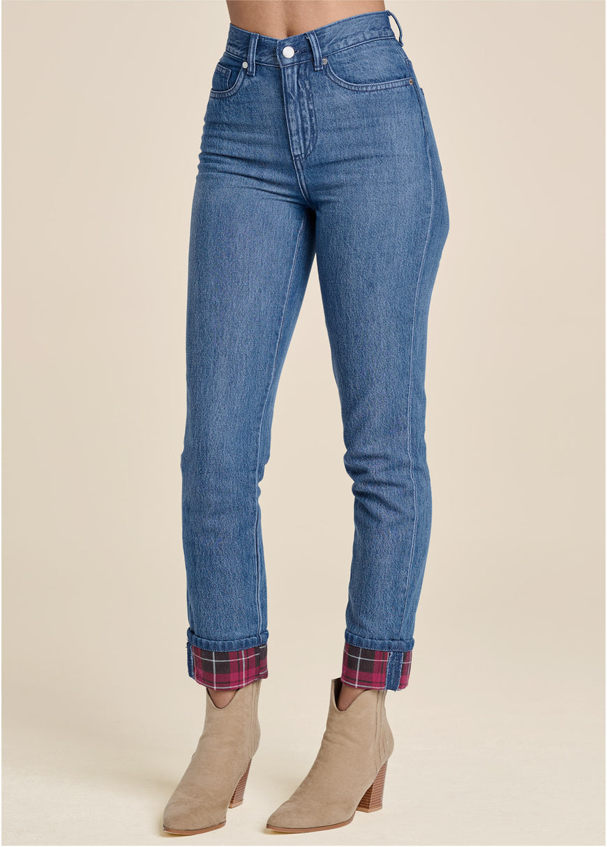 Plaid Cuff Straight Jeans - Denim Multi