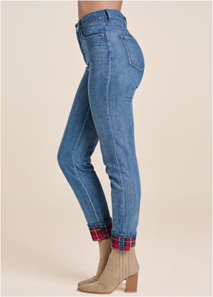 Plaid Cuff Straight Jeans - Denim Multi - thumbnail-4