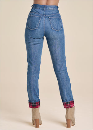 Plaid Cuff Straight Jeans - Denim Multi - thumbnail-3