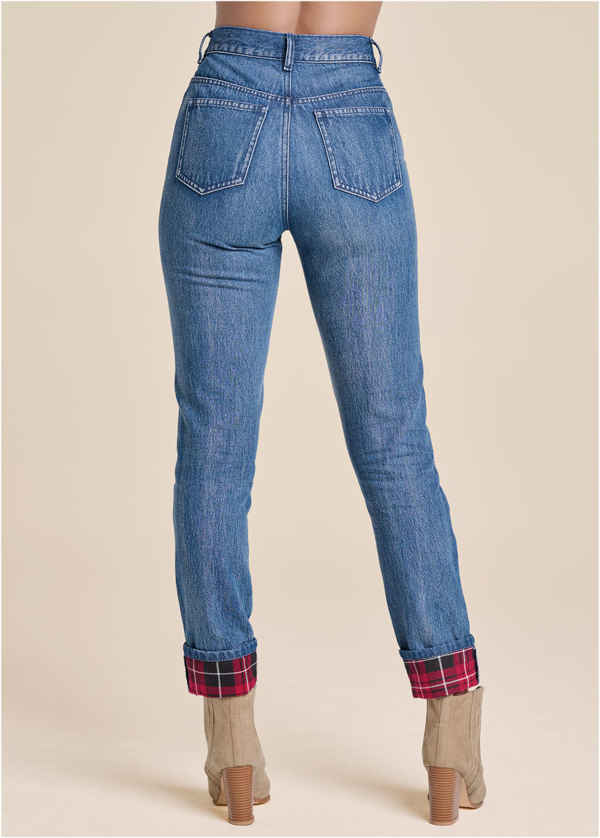 Plaid Cuff Straight Jeans - Denim Multi