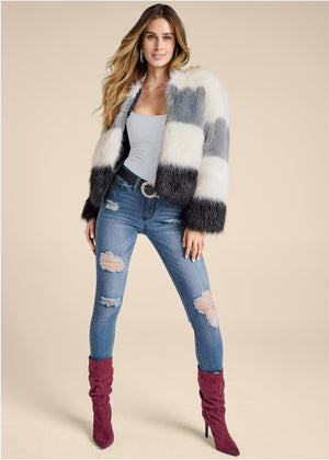 Striped Faux Fur Coat  - White Multi - thumbnail-2