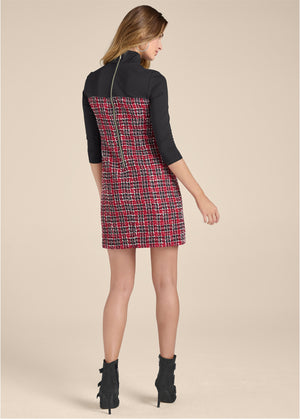 Mock-Neck Plaid Tweed Dress - Red & Black - thumbnail-3