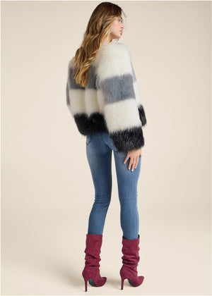 Striped Faux Fur Coat  - White Multi - thumbnail-3