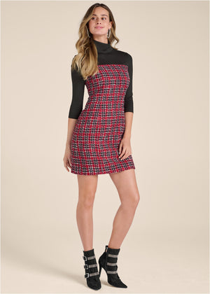 Mock-Neck Plaid Tweed Dress - Red & Black - thumbnail-2