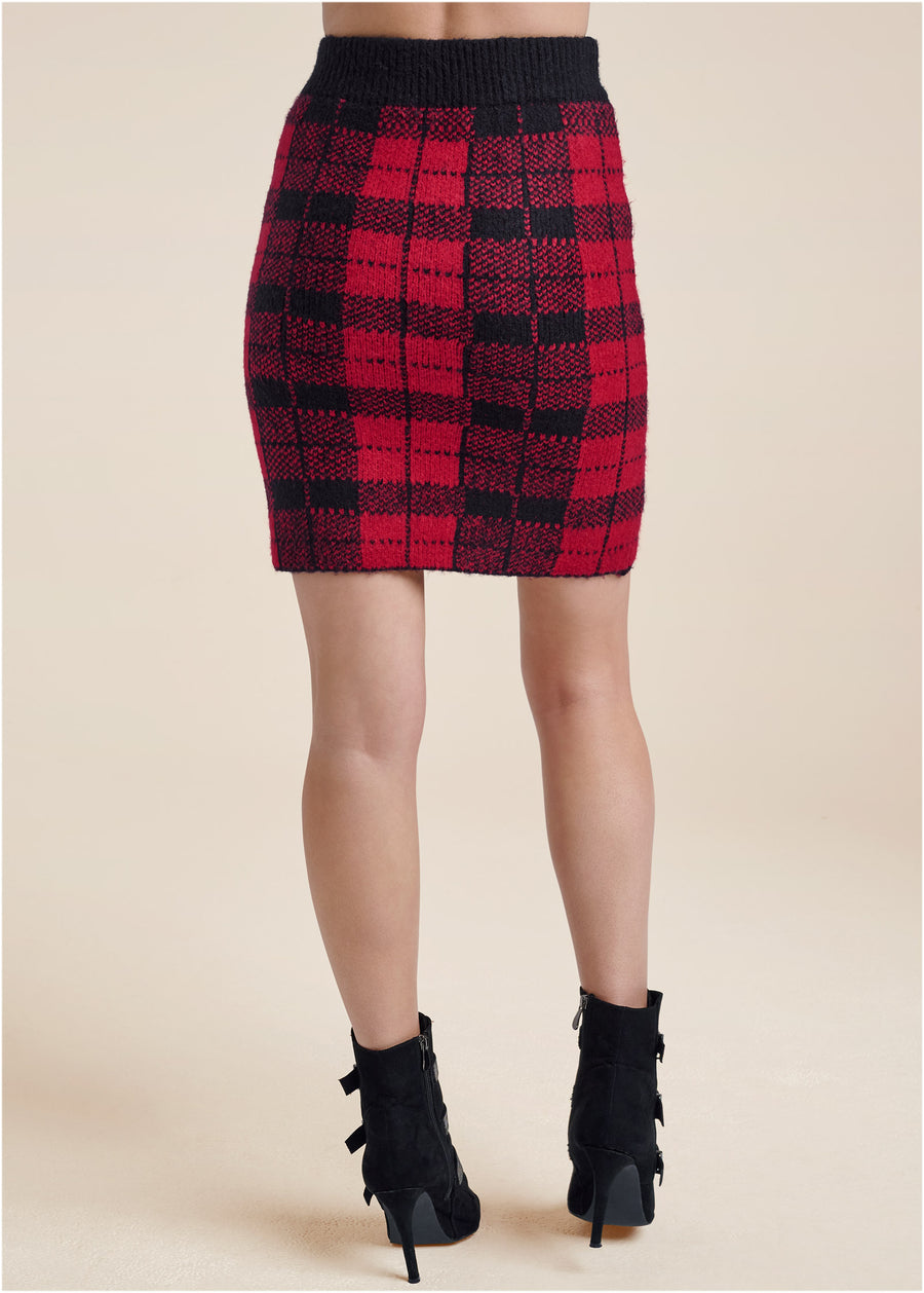 Plaid Sweater And Skirt Set - Black & Red