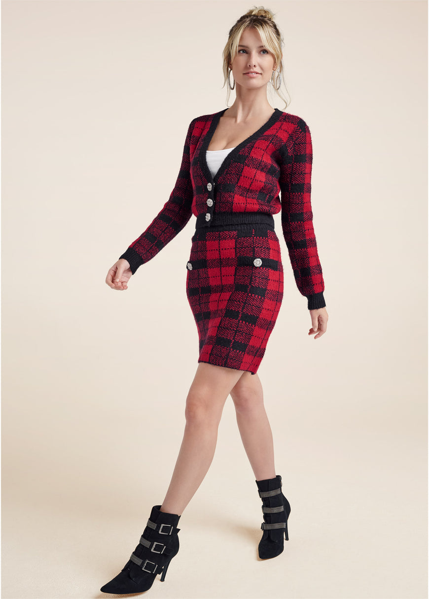 Plaid Sweater And Skirt Set - Black & Red