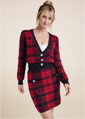 Plaid Sweater And Skirt Set - Black & Red - thumbnail-5