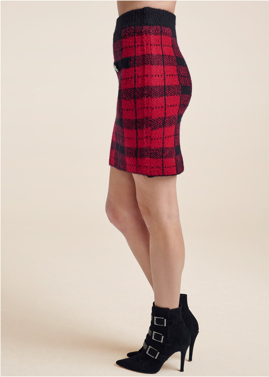 Plaid Sweater And Skirt Set - Black & Red