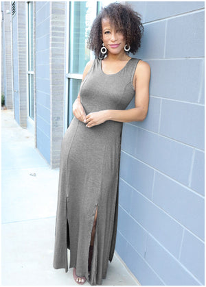 High Slit Casual Maxi Dress - Heather Grey - thumbnail-6