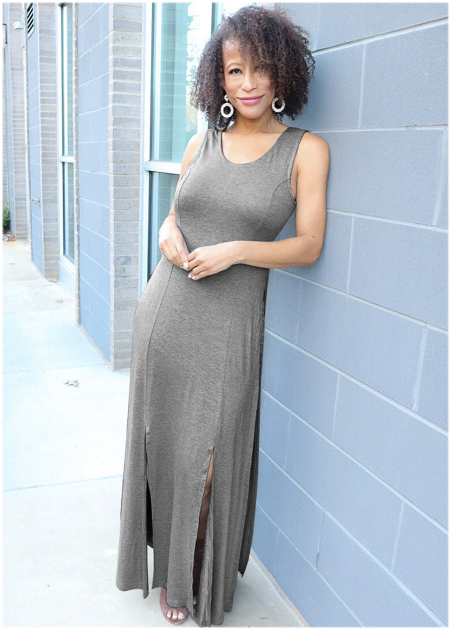 High Slit Casual Maxi Dress - Heather Grey