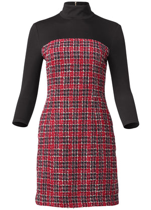 Mock-Neck Plaid Tweed Dress - Red & Black - thumbnail-6