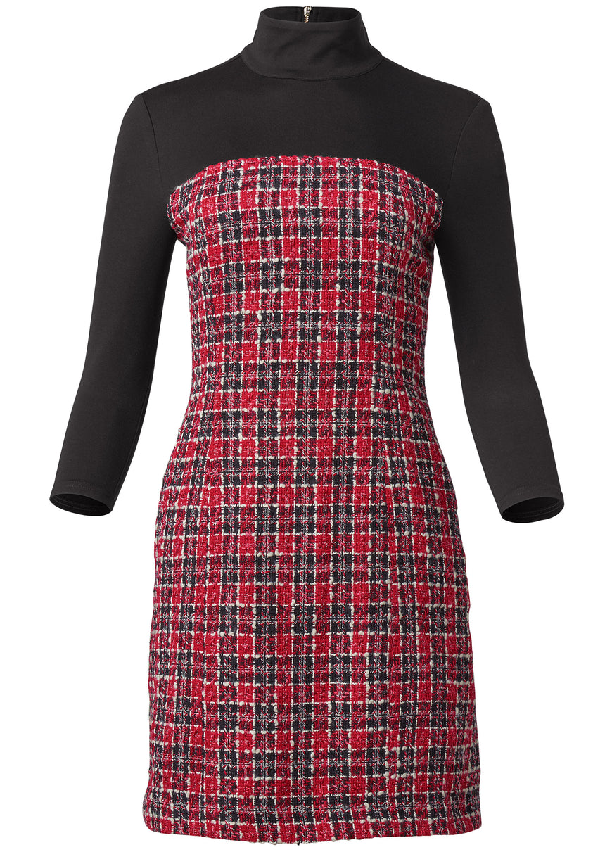 Mock-Neck Plaid Tweed Dress - Red & Black