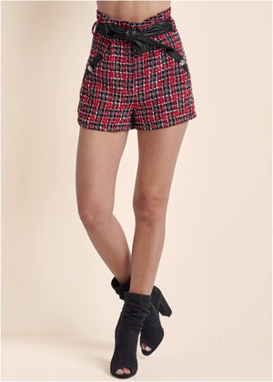 Paperbag High Waisted Tweed Short - Black & Red - thumbnail-2