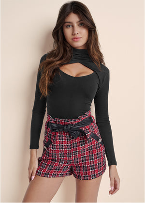 Paperbag High Waisted Tweed Short - Black & Red - thumbnail-8