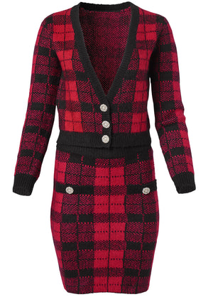 Plaid Sweater And Skirt Set - Black & Red - thumbnail-4