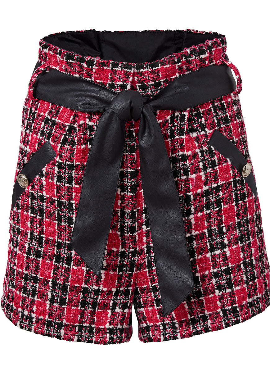 Paperbag High Waisted Tweed Short - Black & Red