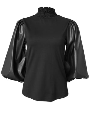 Faux-Leather Mock-Neck Top - Black - thumbnail-4