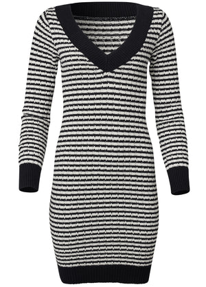 V-Neck Sweater Dress  - Black & White - thumbnail-6