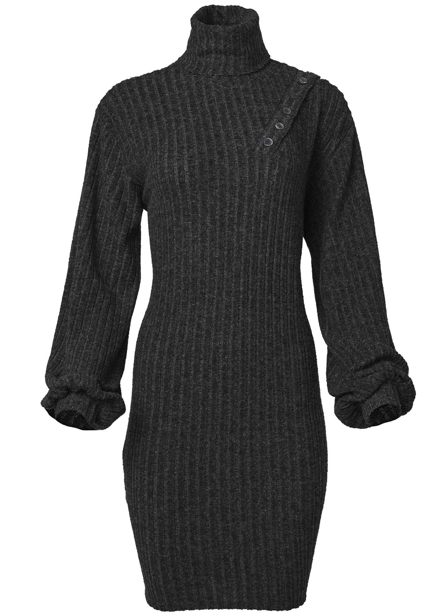 Ribbed Hacci Button Dress - Black