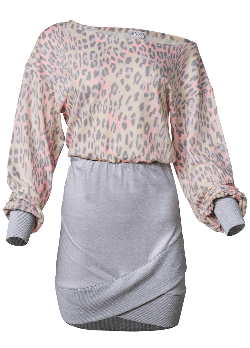 Cozy Leopard Print Dress  - Grey Multi