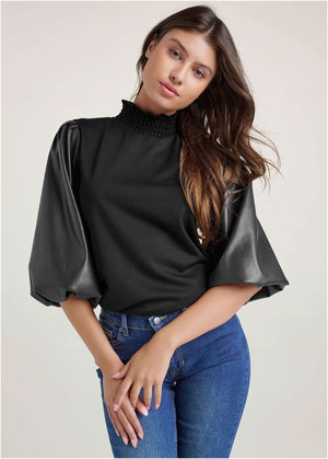 Faux-Leather Mock-Neck Top - Black - thumbnail-1