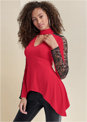 Lace Sharkbite Hem Top - Red Multi - thumbnail-1