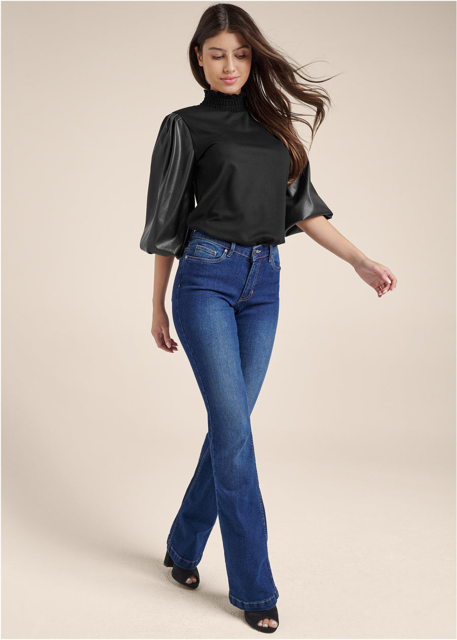 Faux-Leather Mock-Neck Top - Black