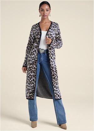 Snow Leopard Print Duster - White Multi - thumbnail-1