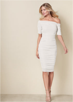 Ruched Mesh Bodycon Dress - Off White - thumbnail-1