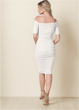 Ruched Mesh Bodycon Dress - Off White - thumbnail-2