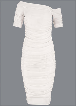 Ruched Mesh Bodycon Dress - Off White - thumbnail-5