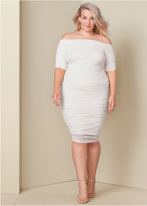 Ruched Mesh Bodycon Dress - Off White - thumbnail-6