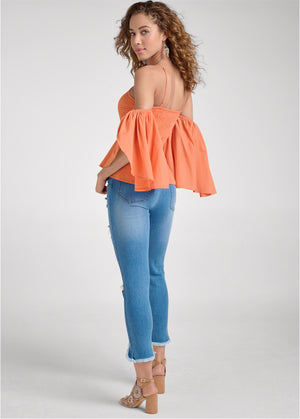 Smocked Fitted Top - Orange - thumbnail-3