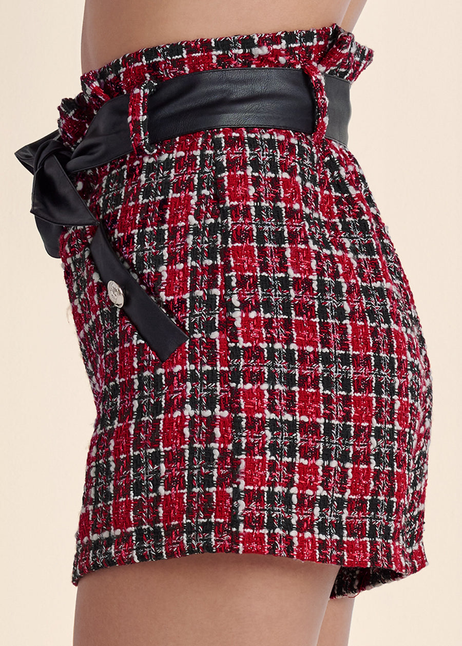 Paperbag High Waisted Tweed Short - Black & Red