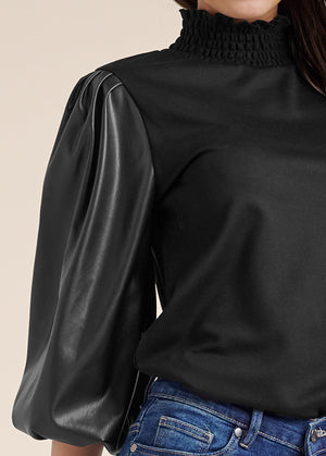 Faux-Leather Mock-Neck Top - Black - thumbnail-3