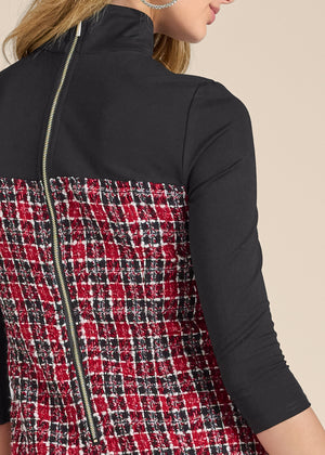 Mock-Neck Plaid Tweed Dress - Red & Black - thumbnail-5