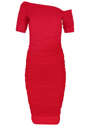 Ruched Mesh Bodycon Dress - Red - thumbnail-4