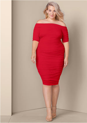 Ruched Mesh Bodycon Dress - Red - thumbnail-7