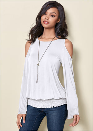 Cold-Shoulder Blouson Top - White - thumbnail-1