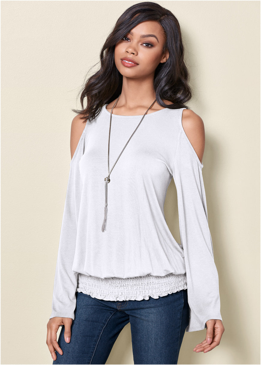 Cold-Shoulder Blouson Top - White