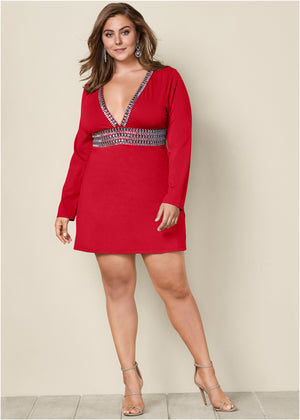 Plunging Embellished Dress - Red - thumbnail-7